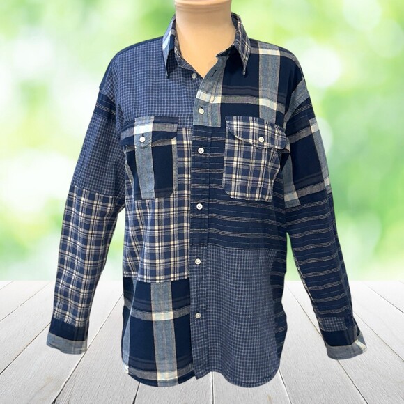Lauren Ralph Lauren Tops - LAUREN RALPH LAUREN Patchwork Plaid Shirt Cotton Linen Button Front Blue Size M
